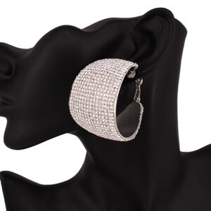 Silver Crystal Hoop Earrings Wide Bold 1.75" Trend Fashion Statement Accessory